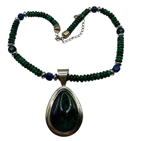 Malachite Jay King Sterling Silver Beaded Necklace Large Statement Pendant - Picture 1 of 6